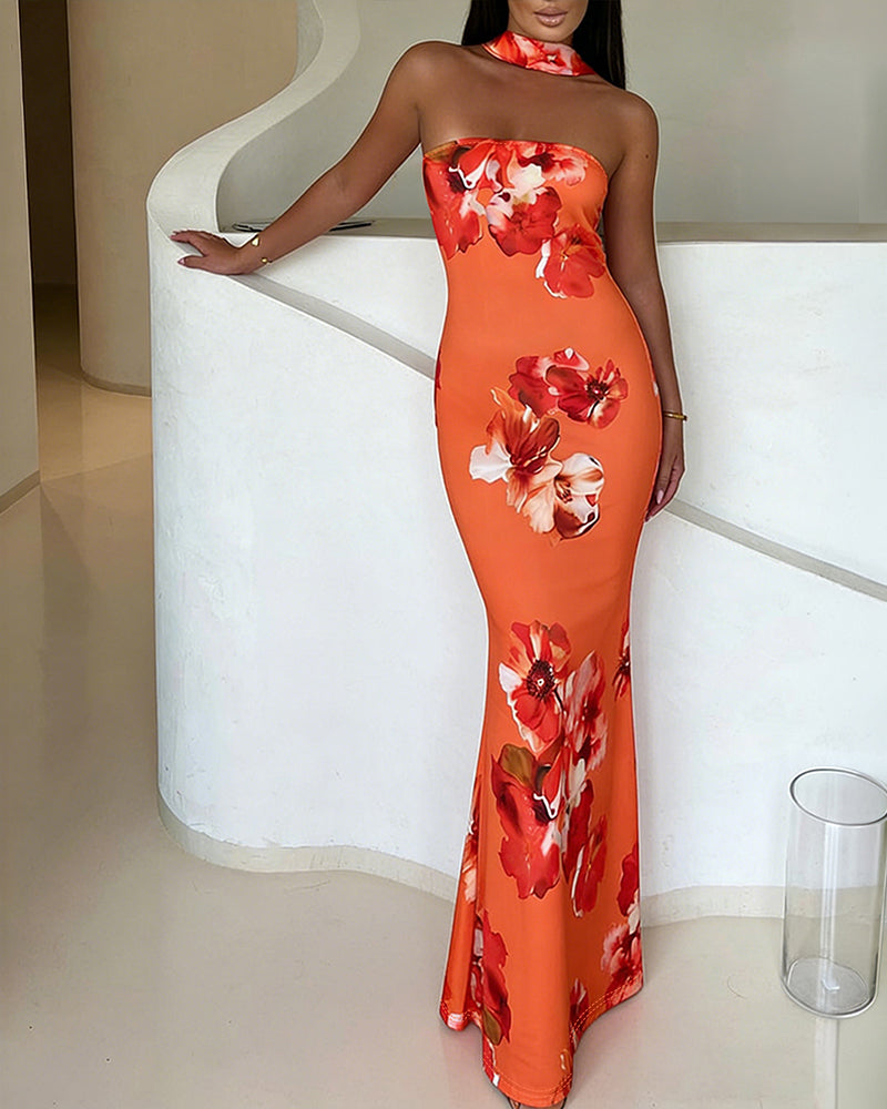 CHICME Women's Tropical Floral Print Mermaid Maxi Dress Convertible Halter Tube Dress Sleeveless Bodycon Evening Dress