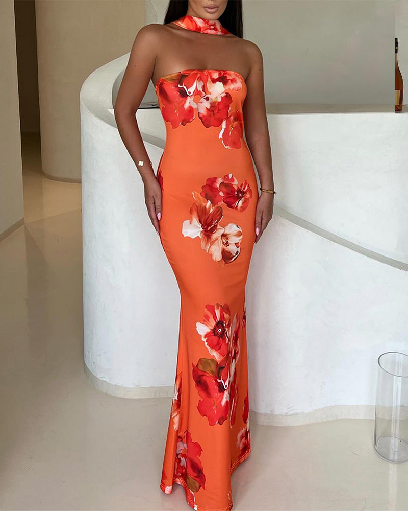 CHICME Women's Tropical Floral Print Mermaid Maxi Dress Convertible Halter Tube Dress Sleeveless Bodycon Evening Dress